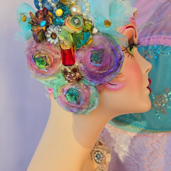 Handmade Pastel Rainbow Rose and Millinery Feather Crystal Hair Clip Romantic - Picture 7 of 10